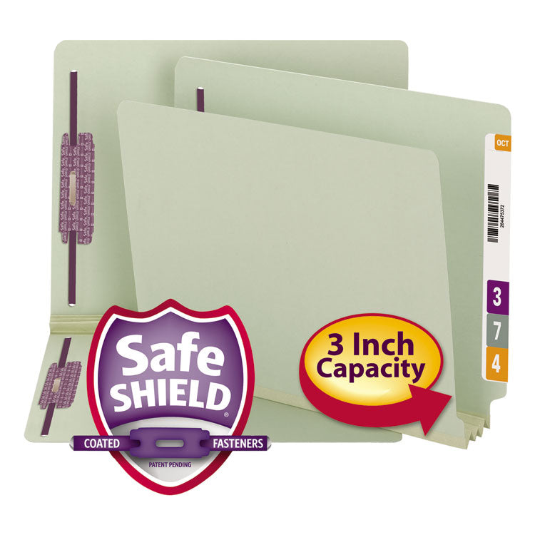 Smead - End Tab Pressboard Classification Folders with Two SafeSHIELD Coated Fasteners, 3" Expansion, Letter Size, Gray-Green, 25/Box