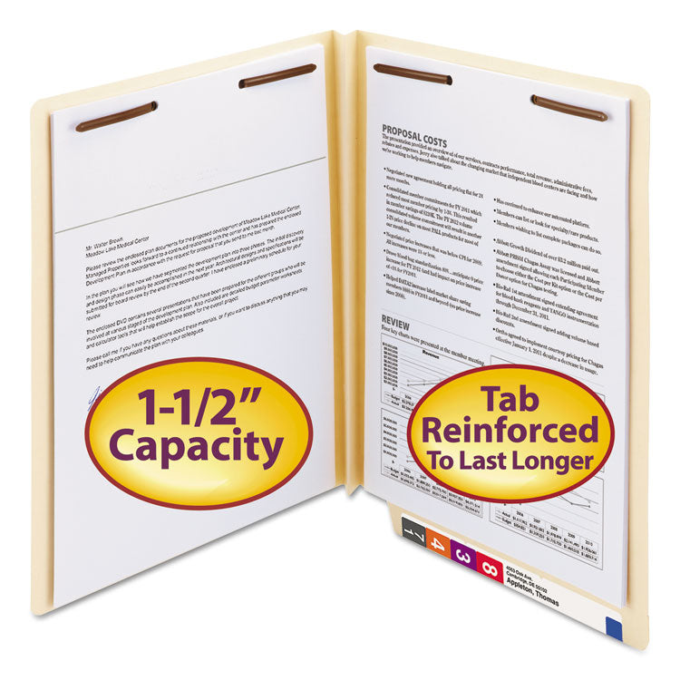 Smead - Manila End Tab W-Fold Fastener Folders with Reinforced Tabs, 14-pt Stock, 2 Fasteners, Letter Size, Manila Exterior, 50/Box