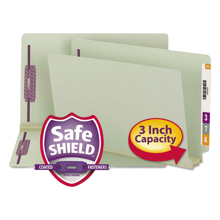 Smead - End Tab Pressboard Classification Folders with Two SafeSHIELD Coated Fasteners, 3" Expansion, Legal Size, Gray-Green, 25/Box