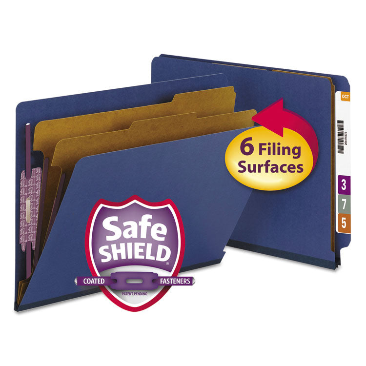 Smead - End Tab Pressboard Classification Folders with SafeSHIELD Fasteners, 2 Dividers, Letter Size, Dark Blue, 10/Box