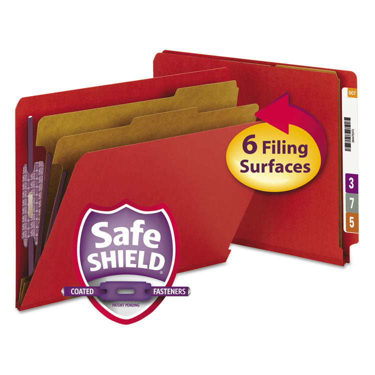 Smead - End Tab Pressboard Classification Folders with SafeSHIELD Fasteners, 2 Dividers, Letter Size, Bright Red, 10/Box