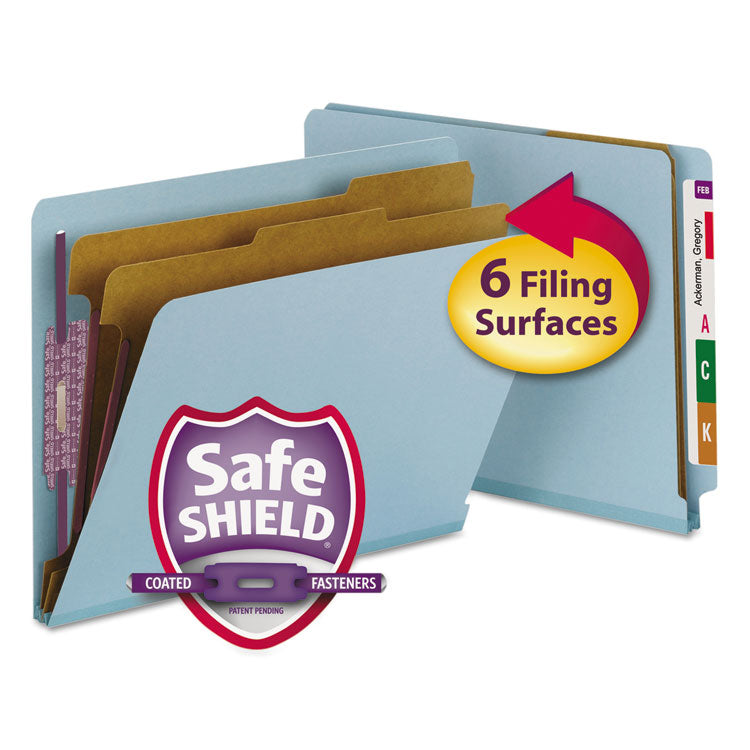 Smead - End Tab Colored Pressboard Classification Folders with SafeSHIELD Coated Fasteners, 2 Dividers, Letter Size, Blue, 10/Box