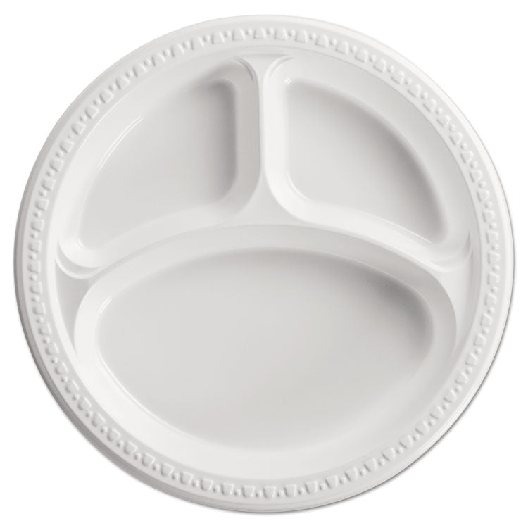 Chinet - Heavyweight Plastic 3-Compartment Plates, 10.25" dia, White, 125/Pack, 4 Packs/Carton