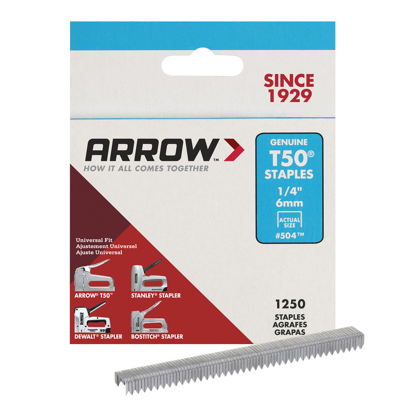 ARROW - Arrow T50 3/8 in. W X 1/4 in. L 18 Ga. Flat Crown Heavy Duty Staples 1250 pk - Case of 4