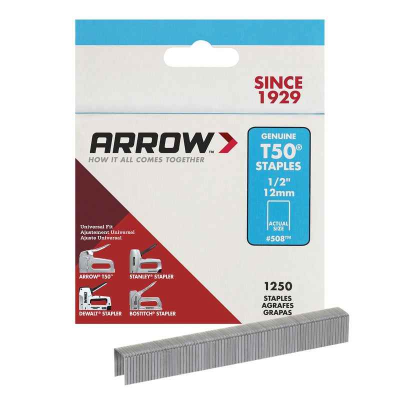 ARROW - Arrow T50 3/8 in. W X 1/2 in. L 18 Ga. Flat Crown Heavy Duty Staples 1250 pk - Case of 4