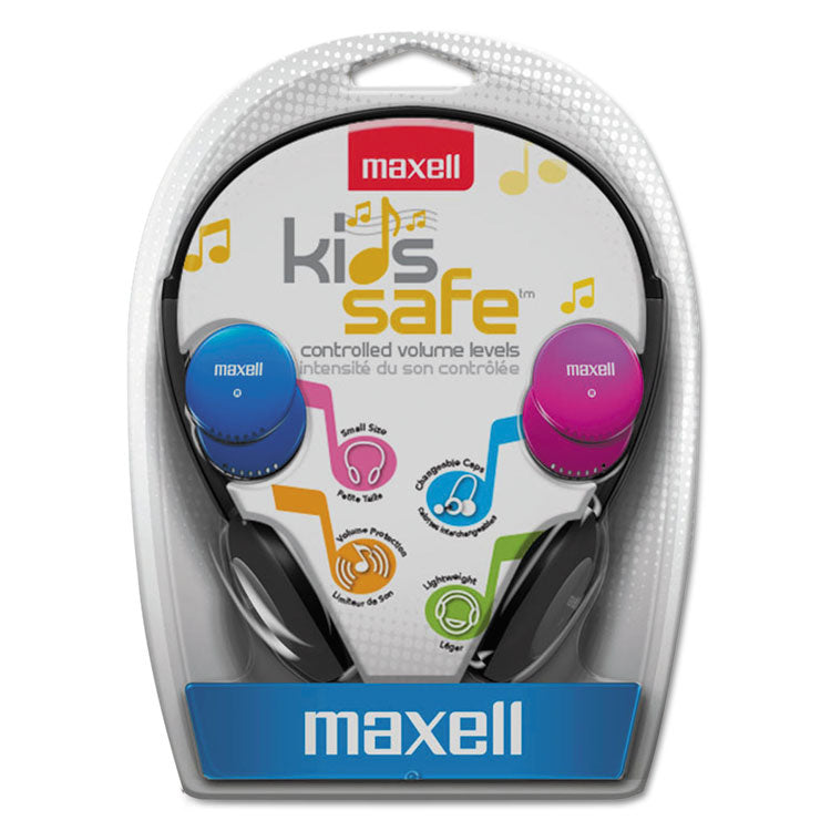 Maxell - Kids Safe Headphones, 4 ft Cord, Black with Interchangeable Pink/Blue/Silver Caps