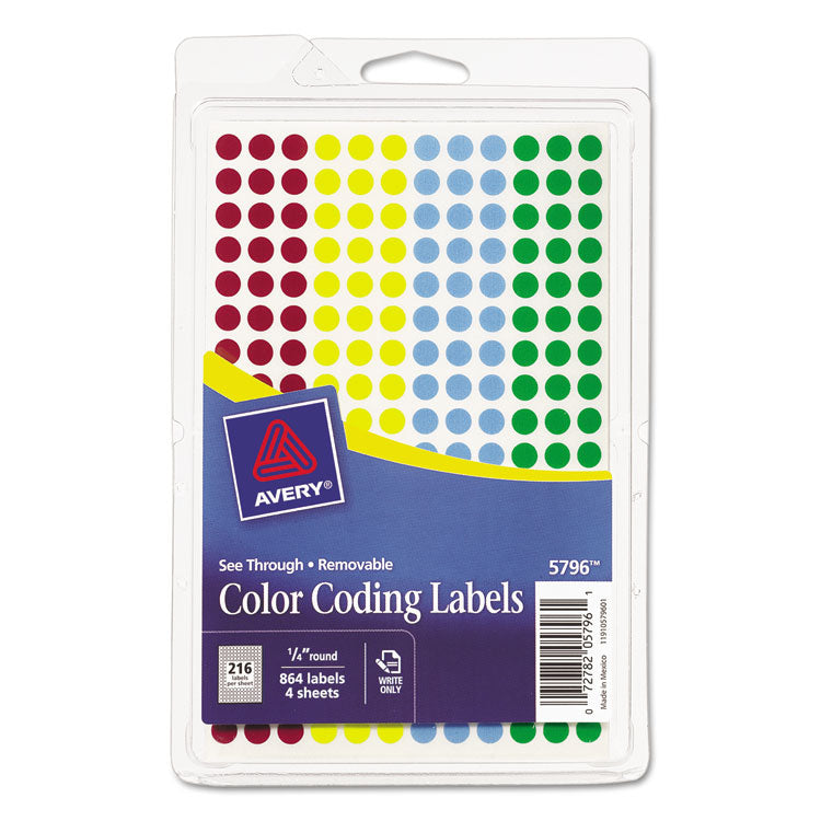 Avery - Handwrite-Only Self-Adhesive "See Through" Removable Round Color Dots, 0.25" dia., Assorted, 216/Sheet, 4 Sheets/Pack, (5796)