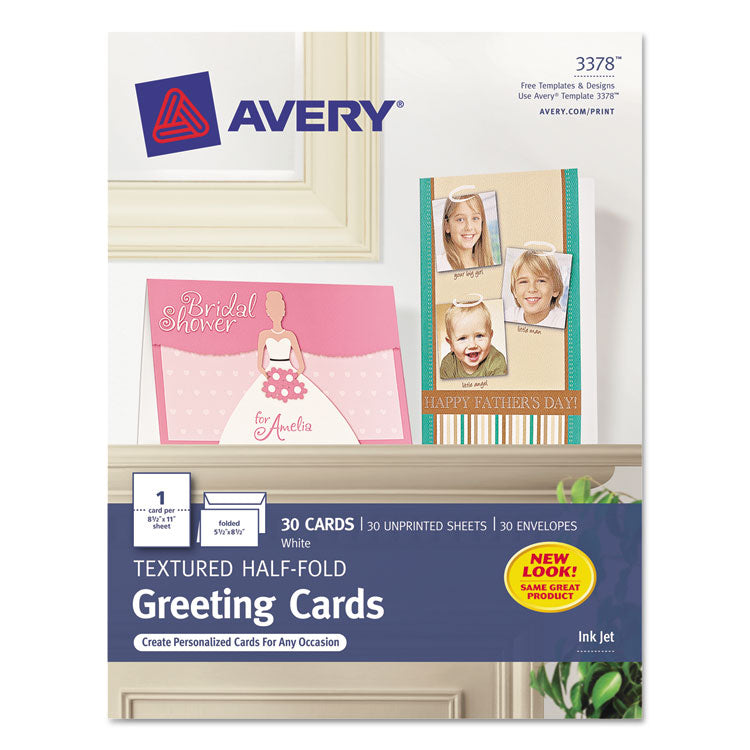 Avery - Half-Fold Greeting Cards with Envelopes, Inkjet, 65 lb, 5.5 x 8.5, Textured Uncoated White, 1 Card/Sheet, 30 Sheets/Box