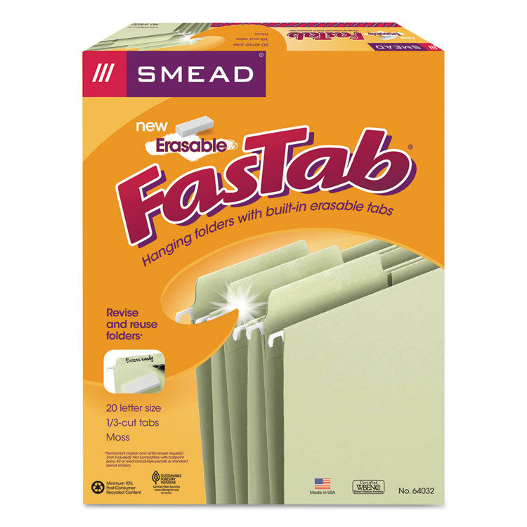 Smead - Erasable FasTab Hanging Folders, Letter Size, 1/3-Cut Tabs, Moss, 20/Box