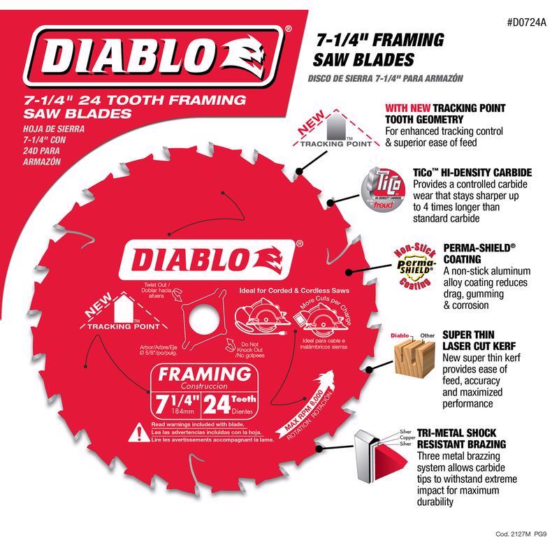 FREUD - Diablo Tracking Point 7-1/4 in. D X 5/8 in. TiCo Hi-Density Carbide Framing Blade 24 teeth 1 pk - Case of 10