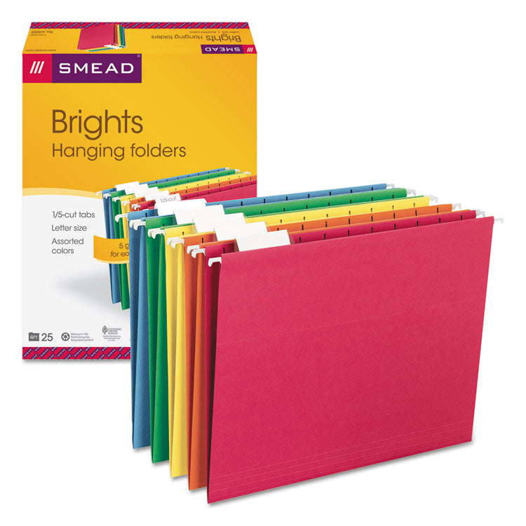 Smead - Colored Hanging File Folders with 1/5 Cut Tabs, Letter Size, 1/5-Cut Tabs, Assorted Bright Colors, 25/Box