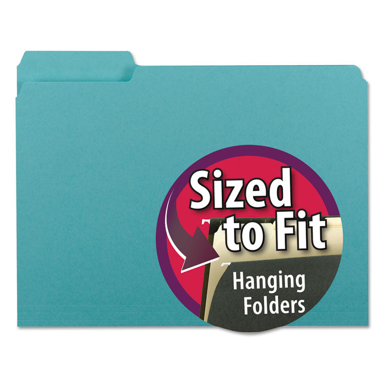 Smead - Interior File Folders, 1/3-Cut Tabs: Assorted, Letter Size, 0.75" Expansion, Aqua, 100/Box