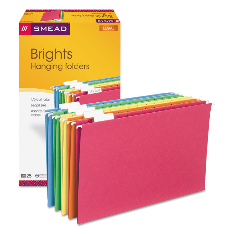 Smead - Colored Hanging File Folders with 1/5 Cut Tabs, Legal Size, 1/5-Cut Tabs, Assorted Colors, 25/Box