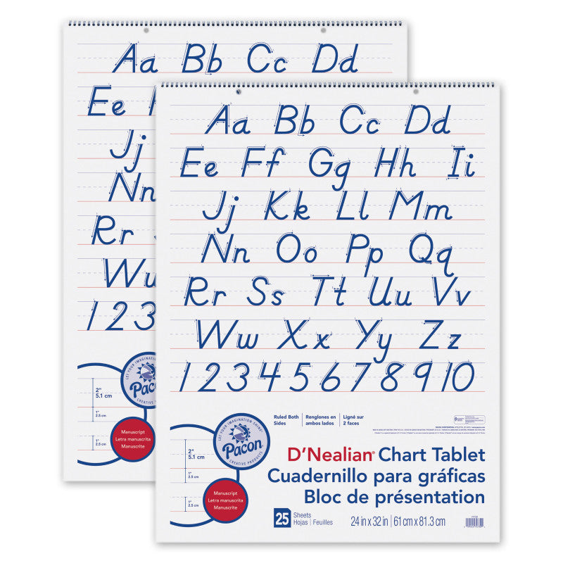 PACON - D'Nealian Chart Tablet, Manuscript Cover, 2" Ruled 24" x 32", 25 Sheets, Pack of 2