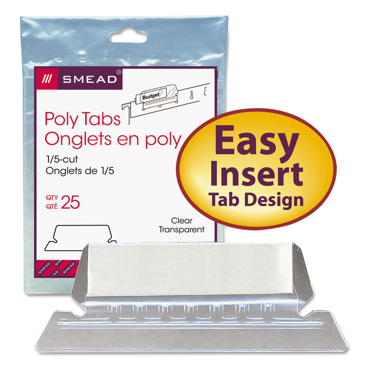 Smead - Poly Index Tabs and Inserts For Hanging File Folders, 1/5-Cut, White/Clear, 2.25" Wide, 25/Pack