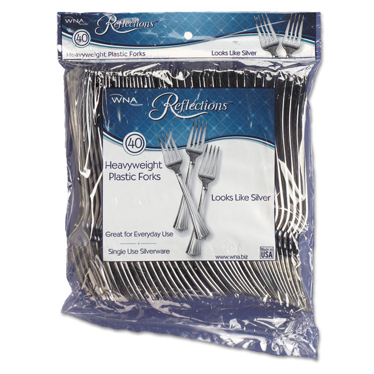 WNA - Reflections Heavyweight Plastic Utensils, Fork, Silver, 7", 40/Pack, 8 Packs/Carton