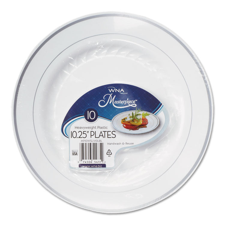 WNA - Masterpiece Plastic Plates, 10.25" dia, White with Silver Accents, Round, 10/Pack, 12 Packs/Carton