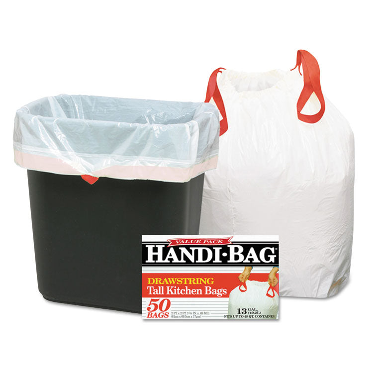 Handi-Bag - Drawstring Kitchen Bags, 13 gal, 0.6 mil, 24" x 27.4", White, 50/Box, 6 Boxes/Carton