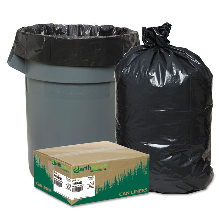 Earthsense Commercial - Linear Low Density Recycled Can Liners, 60 gal, 1.65 mil, 38" x 58", Black, 100/Carton