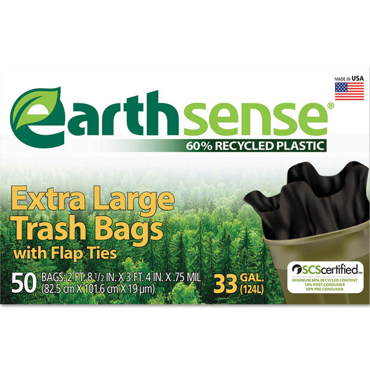 Earthsense - Large Trash Bags, 33 gal, 0.75 mil, 32.5" x 40", Black, 50/Box