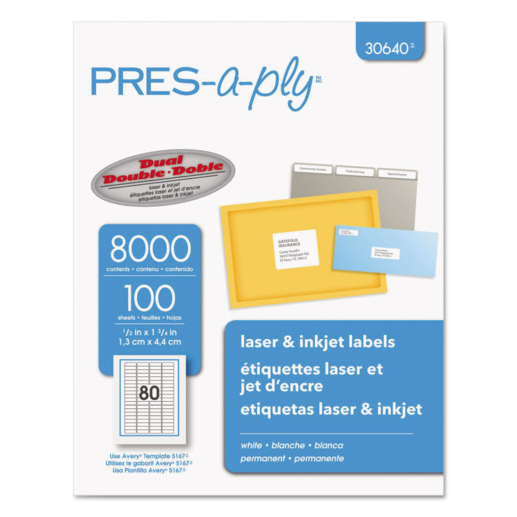 PRES-a-ply - Labels, Inkjet/Laser Printers, 0.5 x 1.75, White, 80/Sheet, 100 Sheets/Pack