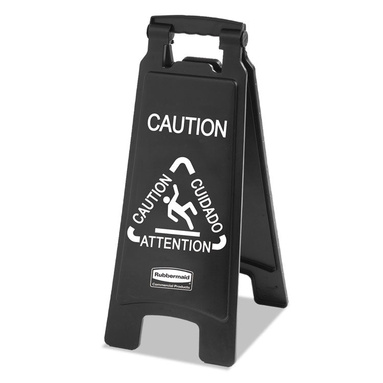 Rubbermaid Commercial - Executive 2-Sided Multi-Lingual Caution Sign, Black/White, 10.9 x 26.1