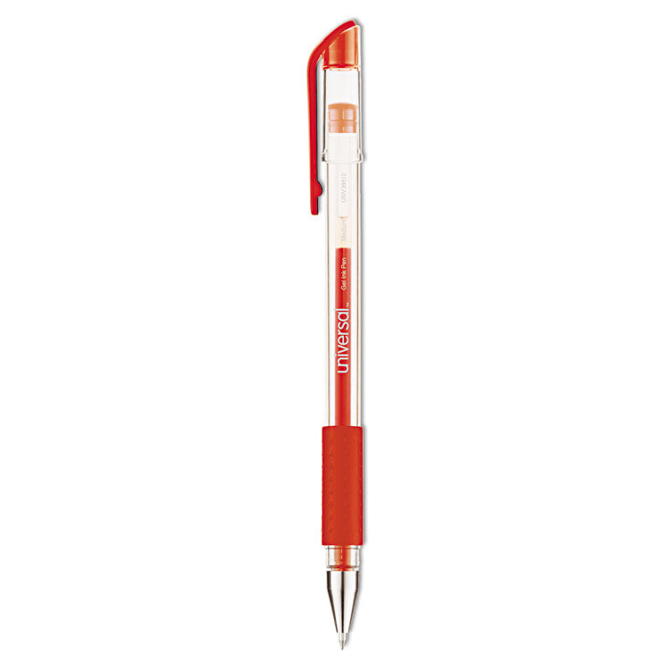 Universal - Comfort Grip Gel Pen, Stick, Medium 0.7 mm, Red Ink, Clear Barrel, Dozen