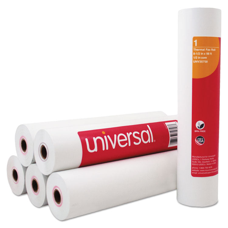 Universal - Direct Thermal Printing Fax Paper Rolls, 0.5" Core, 8.5" x 98 ft, White, 6/Pack