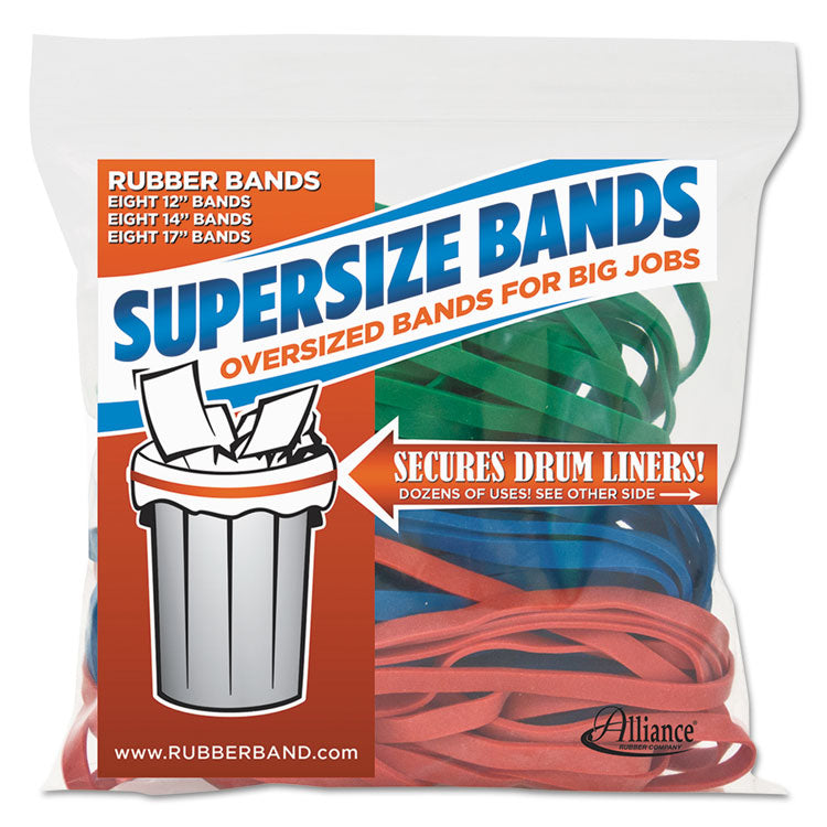 Alliance - SuperSize Bands, 0.25" Wide, Assorted Lengths (12", 14" and 17"), 4,060 psi Max Elasticity, Assorted Colors, 24/Pack