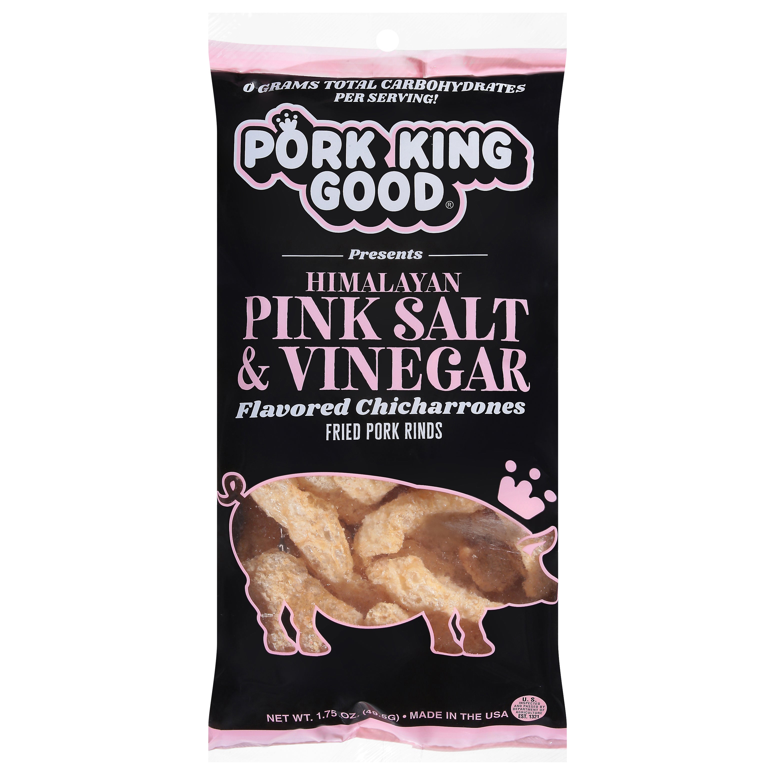 Pork King Good Himalayan Pink Salt & Vinegar Flavored Fried Pork Rinds 1.75 oz - Case of 12