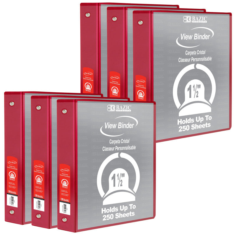 BAZIC PRODUCTS - 3-Ring View Binder with 2 Pockets, 1.5", Red, Pack of 6