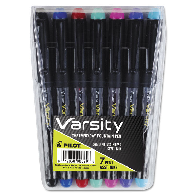 Pilot - Varsity Fountain Pen, Medium 1 mm, Assorted Ink Colors, Gray Pattern Wrap, 7/Pack