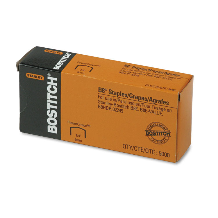 Bostitch - B8 PowerCrown Premium Staples, 0.25" Leg, 0.5" Crown, Steel, 5,000/Box