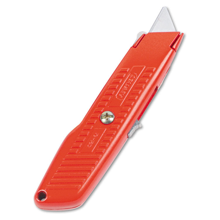 Stanley - Interlock Safety Utility Knife with Self-Retracting Round Point Blade, 5.63" Metal Handle, Red Orange