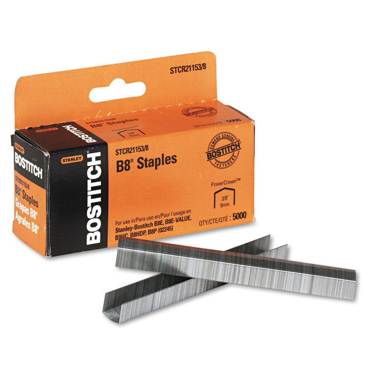 Bostitch - B8 PowerCrown Premium Staples, 0.38" Leg, 0.5" Crown, Steel, 5,000/Box