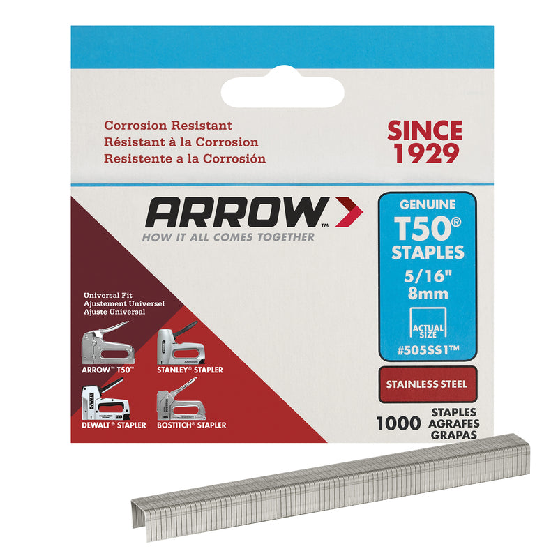 ARROW - Arrow T50 3/8 in. W X 5/16 in. L 18 Ga. Flat Crown Heavy Duty Staples 1000 pk - Case of 5 [505SS1]