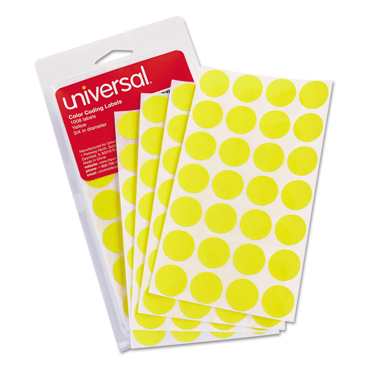 Universal - Self-Adhesive Removable Color-Coding Labels, 0.75" dia., Yellow, 28/Sheet, 36 Sheets/Pack