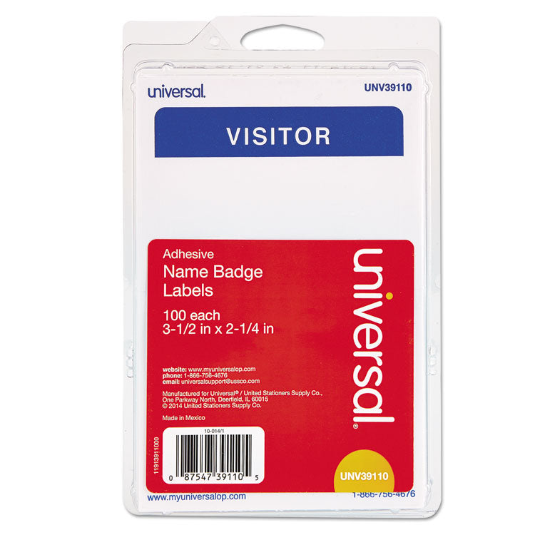 Universal - "Visitor" Self-Adhesive Name Badges, 3 1/2 x 2 1/4, White/Blue, 100/Pack