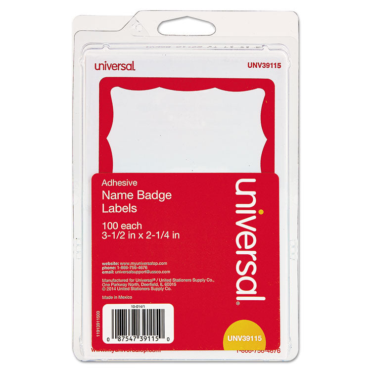 Universal - Border-Style Self-Adhesive Name Badges, 3 1/2 x 2 1/4, White/Red, 100/Pack