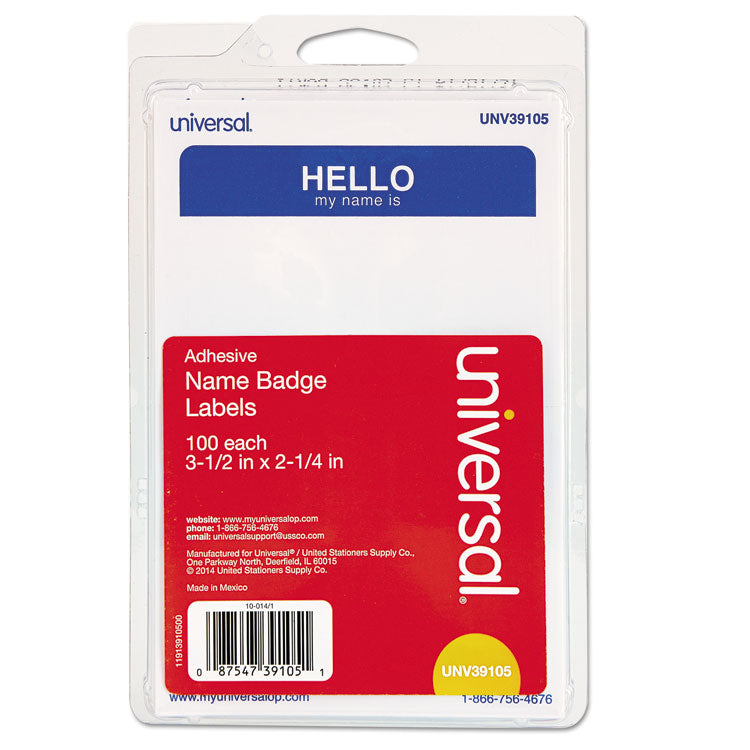 Universal - "Hello" Self-Adhesive Name Badges, 3 1/2 x 2 1/4, White/Blue, 100/Pack