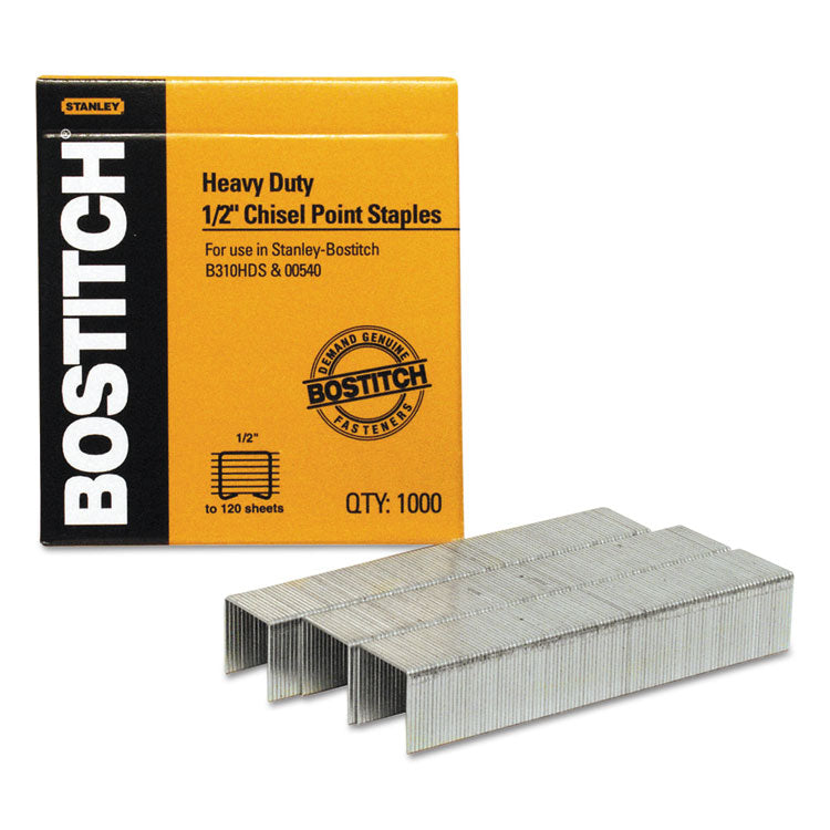 Bostitch - Heavy-Duty Premium Staples, 0.5" Leg, 0.5" Crown, Steel, 1,000/Box