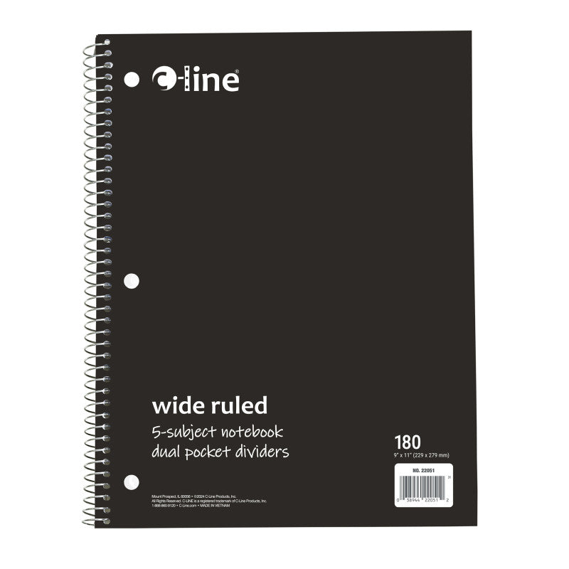 5-Subject Notebook, Wide Ruled, 180 Sheets, Assorted Colors