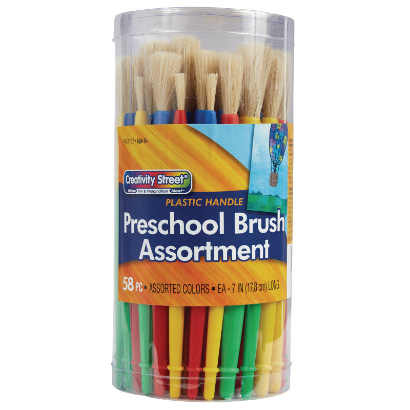CREATIVITY STREET - Plastic Handle Brush Classroom Packs, Preschool Brush Assortment, 7" Long, 58 Brushes