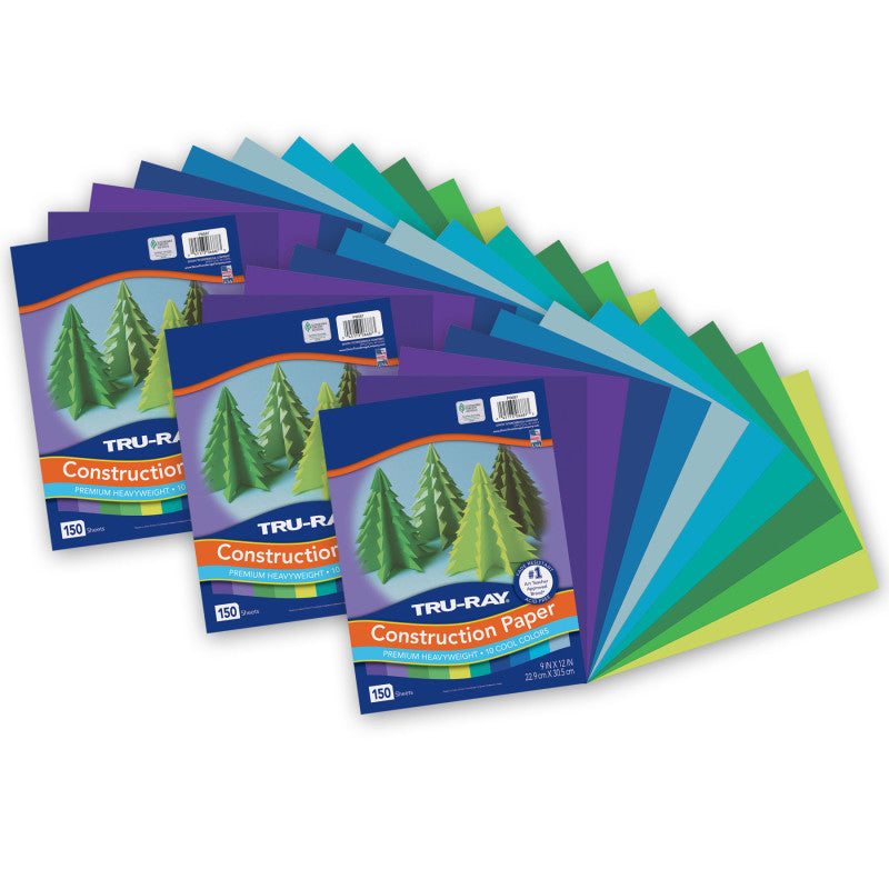 TRU-RAY - Construction Paper, Cool Assorted, 9" x 12", 150 Sheets Per Pack, 3 Packs