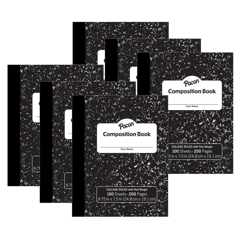 PACON - Composition Book, Black Marble, 9/32" Ruled w/ Margin, 9-3/4" x 7-1/2", 100 Sheets, Pack of 6