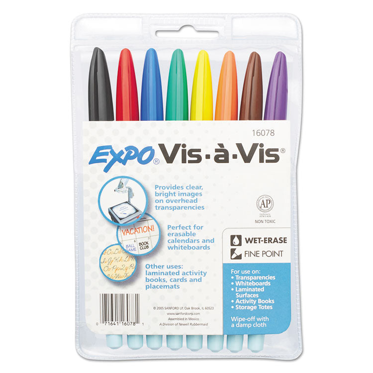 EXPO - Vis-a-Vis Wet Erase Marker, Fine Bullet Tip, Assorted Colors, 8/Set