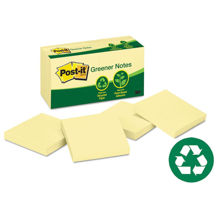 Post-it Greener Notes - Original Recycled Note Pads, 3" x 3", Canary Yellow, 100 Sheets/Pad, 12 Pads/Pack