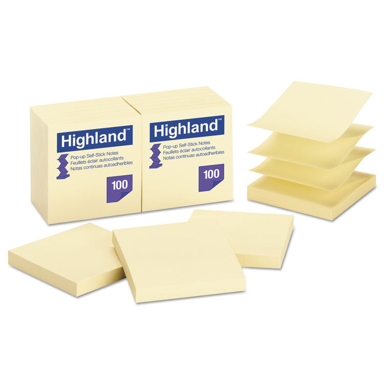 Highland - Self-Stick Pop-up Notes, 3" x 3", Yellow, 100 Sheets/Pad, 12 Pads/Pack