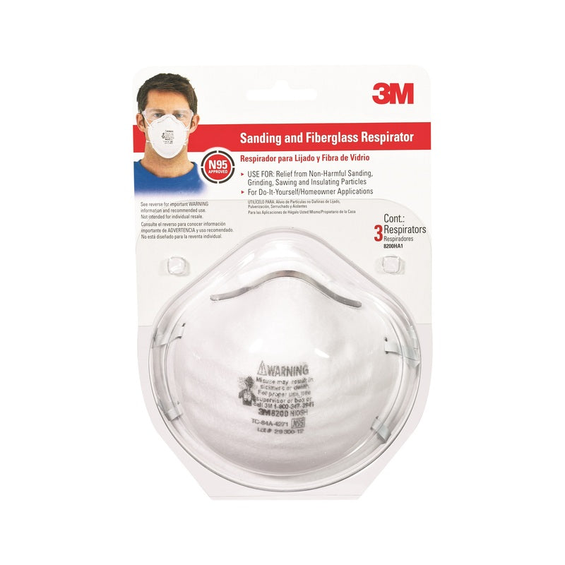 3M - 3M N95 Sanding and Fiberglass Cup Disposable Respirator 8200 White 3 pk