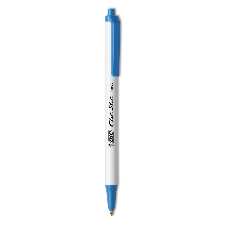 BIC - Clic Stic Ballpoint Pen, Retractable, Medium 1 mm, Blue Ink, White Barrel, Dozen